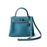 Hermes Kelly 25 Blue Jean Veau Togo Leather Palladium Plated Y Stamp - Image 3
