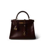 Kelly 28 Maroon Box Calfskin Gold Plated B Square Stamp