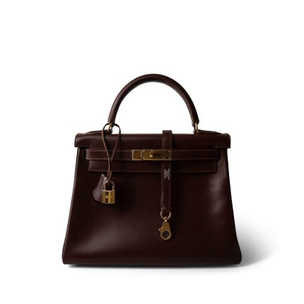 Kelly 28 Maroon Box Calfskin Gold Plated B Square Stamp