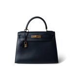 Kelly 28 Sellier Navy Box Calfskin Gold Plated X Circle Stamp - Image 2