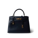 Kelly 28 Sellier Navy Box Calfskin Gold Plated X Circle Stamp