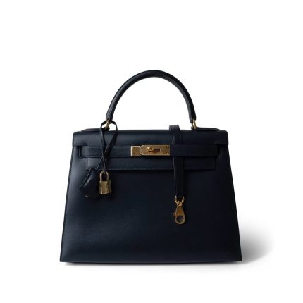 Kelly 28 Sellier Navy Box Calfskin Gold Plated X Circle Stamp