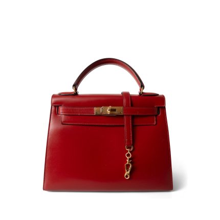 Kelly 28 Sellier Red (Rouge) Box Calfskin Gold Plated T Circle Stamp