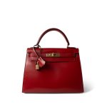 Kelly 28 Sellier Red (Rouge) Box Calfskin Gold Plated T Circle Stamp - Image 2