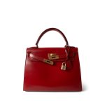 Kelly 28 Sellier Red (Rouge) Box Calfskin Gold Plated T Circle Stamp - Image 11