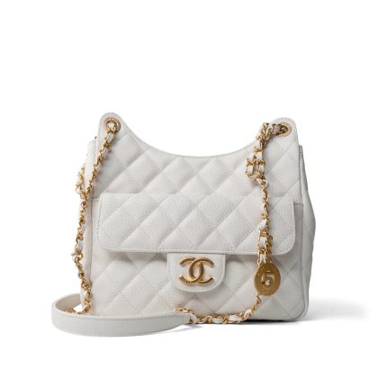 23C White Caviar Quilted Medium/Large Hobo Bag Aged Gold Hardware