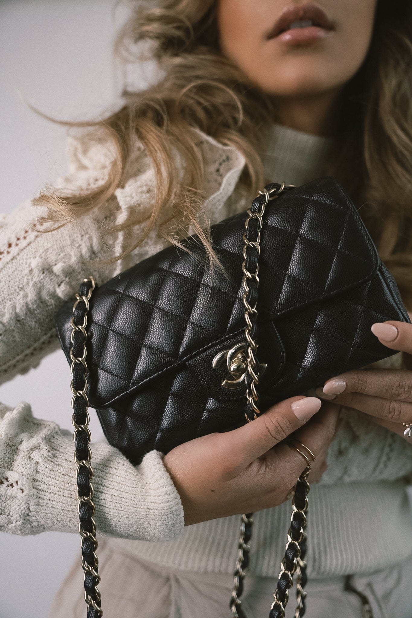 Black Caviar Quilted Mini Rectangular Flap Light Gold Hardware - Image 2